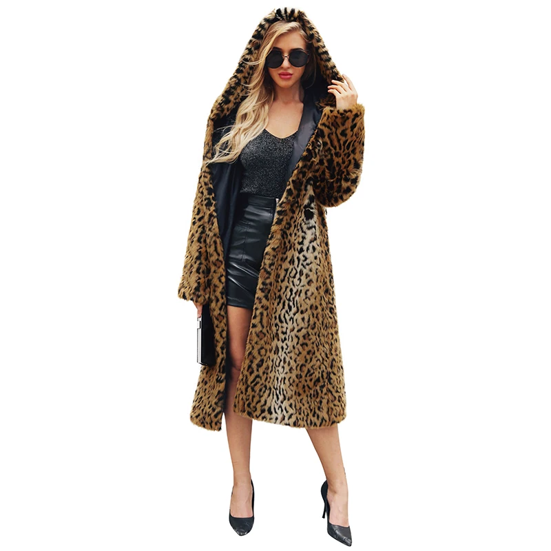 

2019 Autumn and Winter New Fashion Hot Sale Womens Ladies Warm Faux Fur Coat Jacket Leopard Hooded Long Plus size 6XL Outerwear