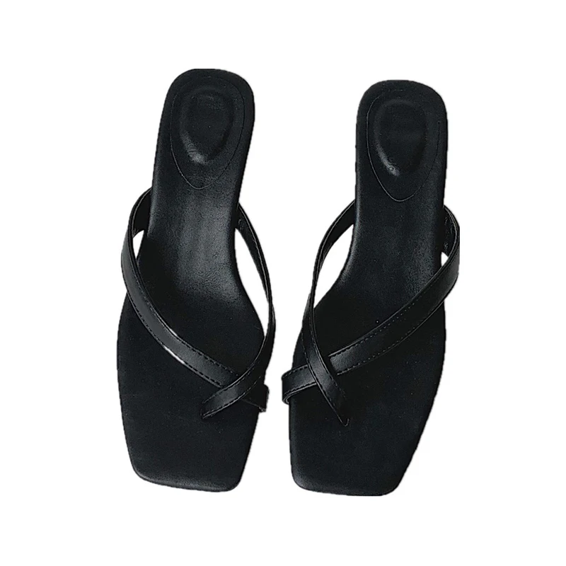 

Shoes Thin Heels Mules For Women 2021 Square Toe Female Slippers Rubber Flip Flops Low Slides Med New Hawaiian Summer Fabric Rom