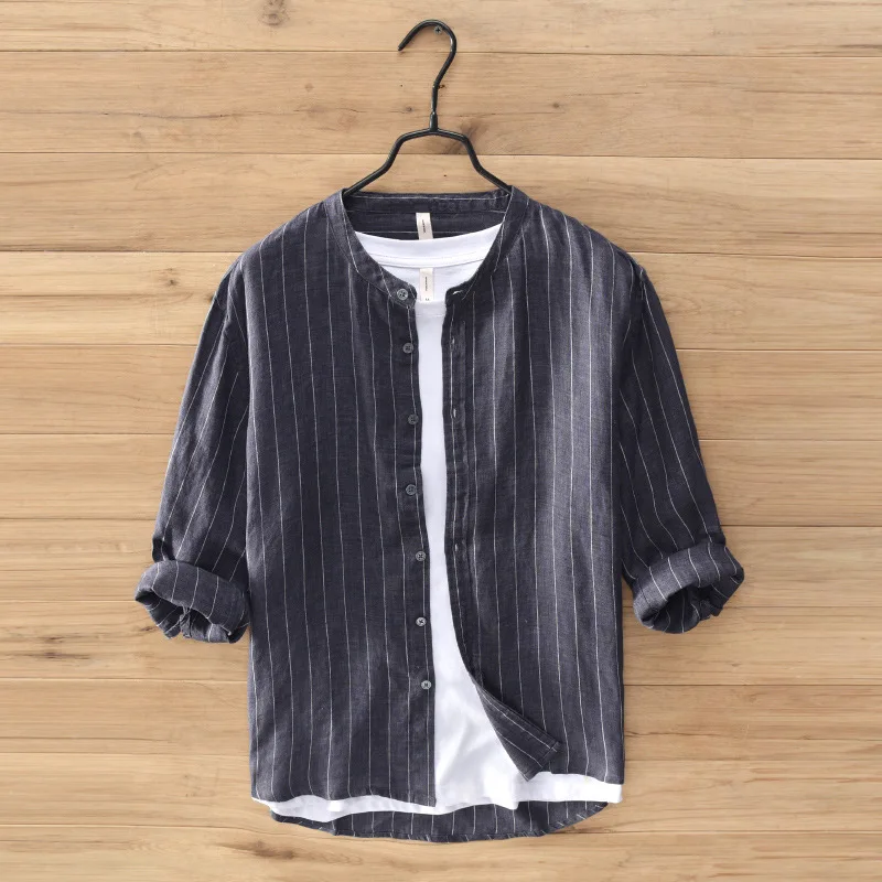 Рубашка Мужская льняная с воротником-стойкой модная сорочка полурукавами