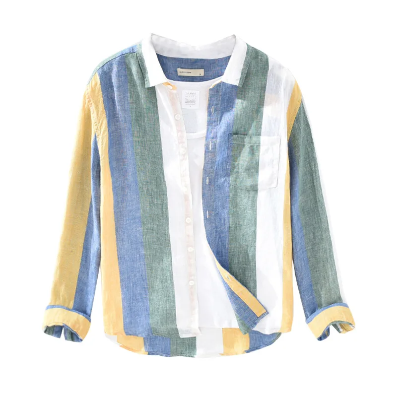 

2021 Men's Yarn-Dyed Long Linen Sleeves Shirt Youth Literary Fresh and Loose Striped Square Collar Shirt