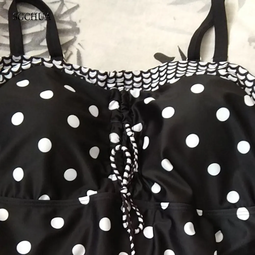 Plus Size Ladies Swimwear With Skrit Two-Piece Tankini Polka Dot Bodysuit Women Vintage Consercative Swimwear  Fat  BathingSuit