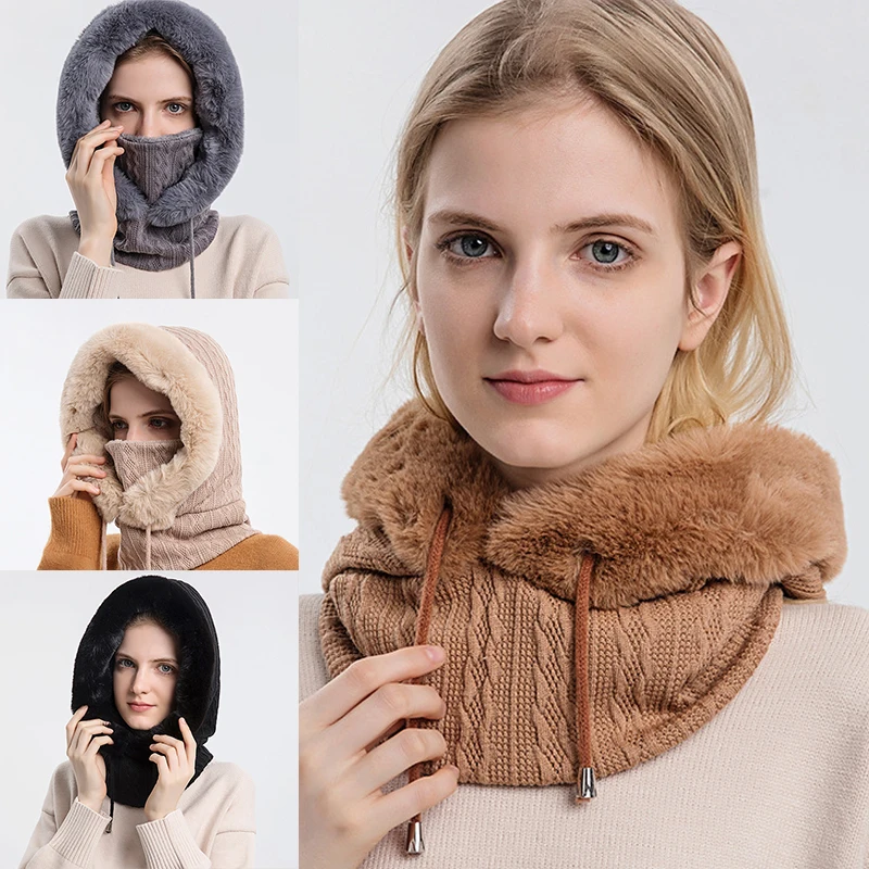 

Вязаный теплый шарф унисекс, зимняя модная теплая шапка, женский мужской шарф, маска в комплекте, теплая вязаная шапка, походные шарфы
