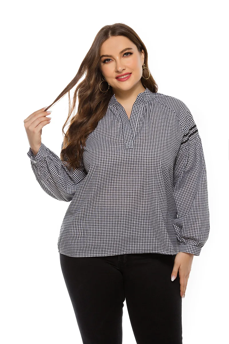 DOIB Plus Size Blouse Black White Plaid Shirt V Neck Patchwork Large Size Blouse Office Lady Elegent Oversize Shirt 2XL 3XL 4XL