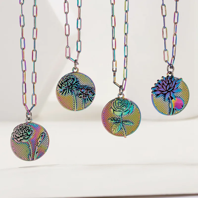 

New Month Flower Carnation Cameo Necklace For Women Gold Color Chain Coin Daisy Rose Pendant Girls Mother Choker Unique Jewelry