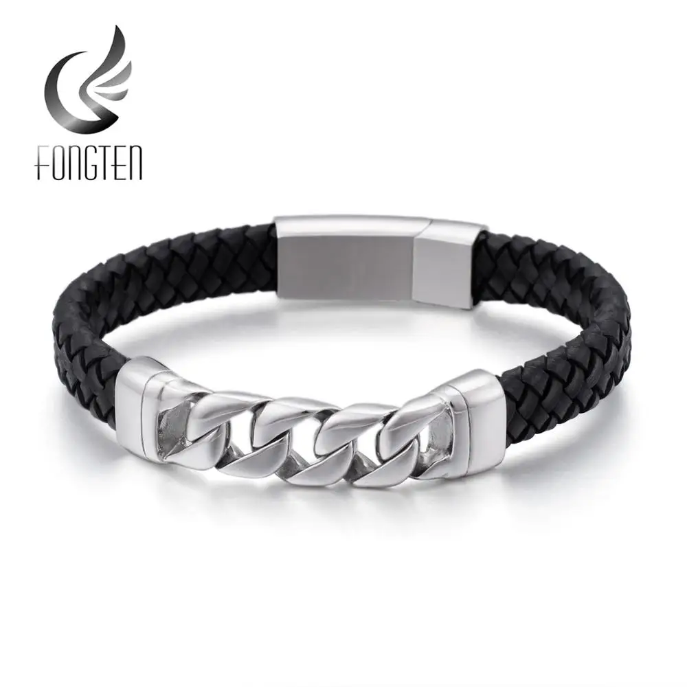 Fongten кубинский браслет со стальным тросом плетеный из черной кожи мужские