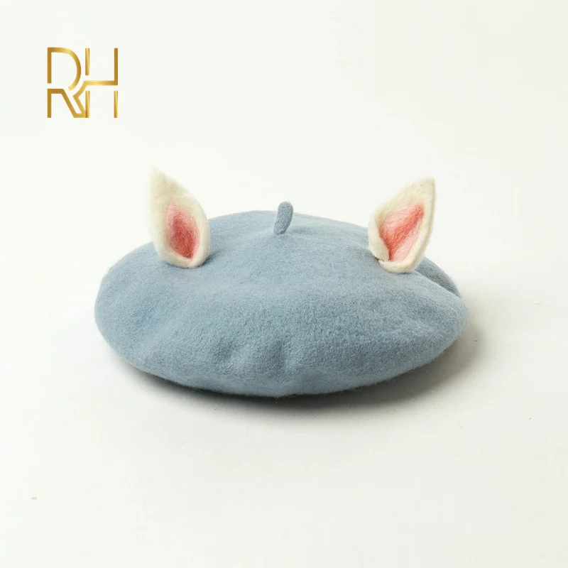 Ручной работы Оригинальная 100% шерстяного фетра берет с милыми заячьими ушками