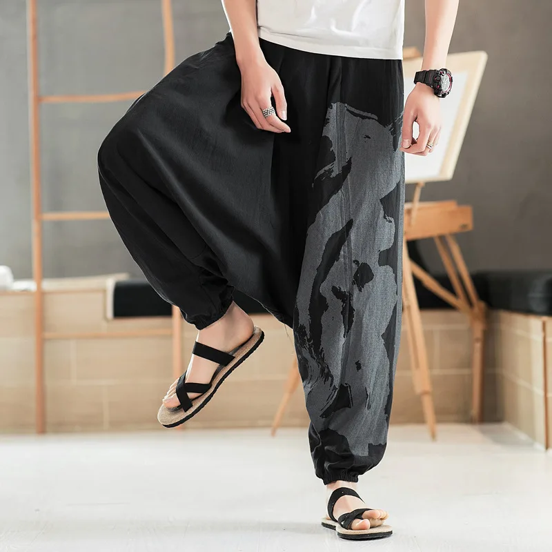 

Chinese style cotton hemp pants men's spring hanging crotch baggy pants corset Harem Pants men's loose large lantern pants