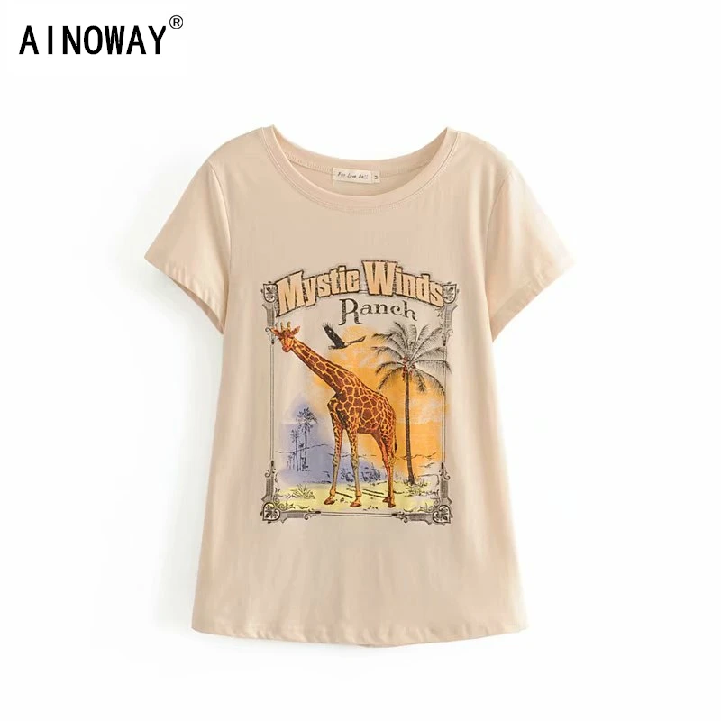 Boho Женская хлопковая футболка с коротким рукавом и принтом животных Модные топы