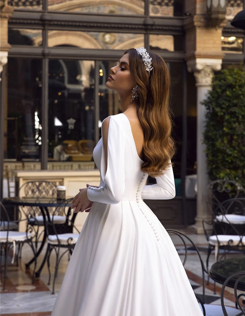 

High Quality Egypt Morocco Satin Wedding Dress A Line Long Sleeve Saudi Arabia Bridal Gown