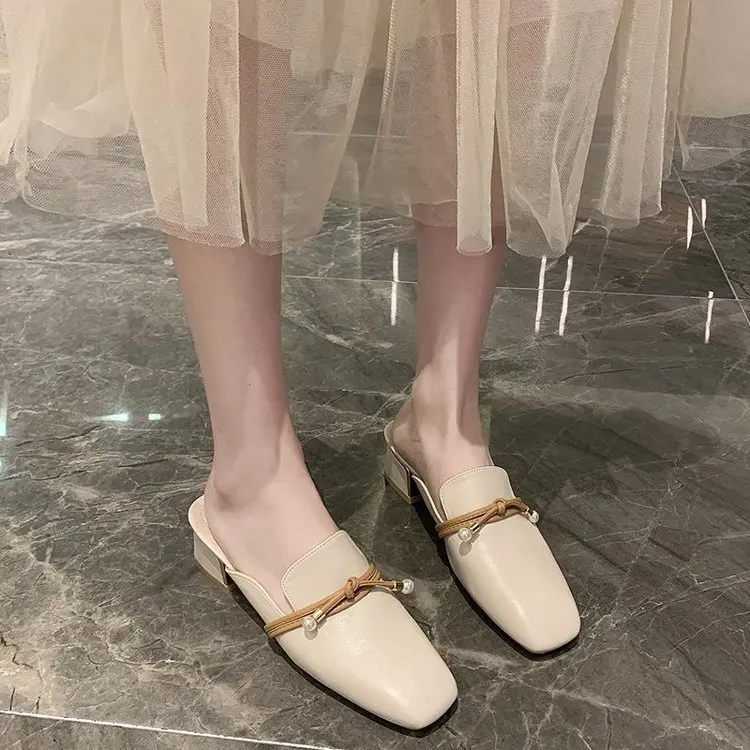 

Cover Toe Med Shoes Square heel Ladies' Slippers Women Heels Pantofle Luxury Slides Low Block Summer High 2021 Designer Rome Fas