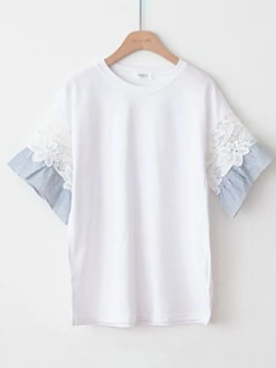 

Women Summer T-Shirt 2021 O Neck Half Sleeve Korean Short Sleeve Female Tops Causal Lace Patchwork Tee Shirt Fashion Design