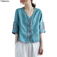 national style embroidered linen cotton half sleeve shirts womens loose tops and tees for female v neck solid color yalabovso