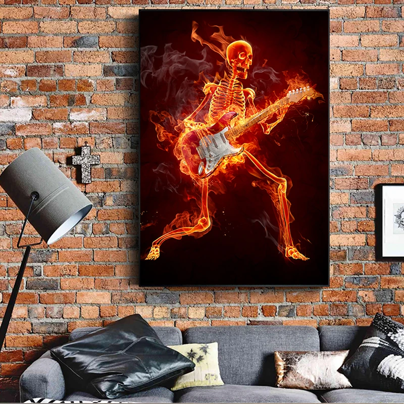

Skull Canvas Painting Fire Soul Music Dancer Poster Guitar Skeleton Print DJ Three Chords of Chaos Prints Wall Art Picture Decor