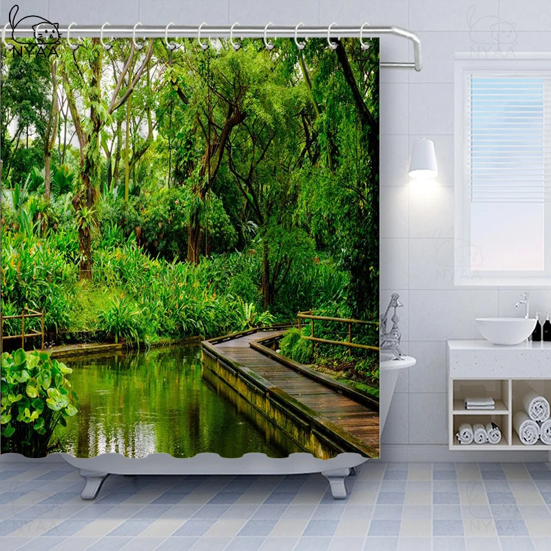 Vixm джунгли занавески для душа Глубокий Лес с деревянным Пирсом и рекой