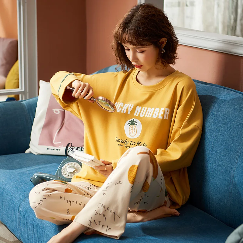 

Women Cotton Comfort Winter Long Sleeve Pullover Pajamas Blue Stitching Women's Home Clothes Chibi Maruko Sleepwear