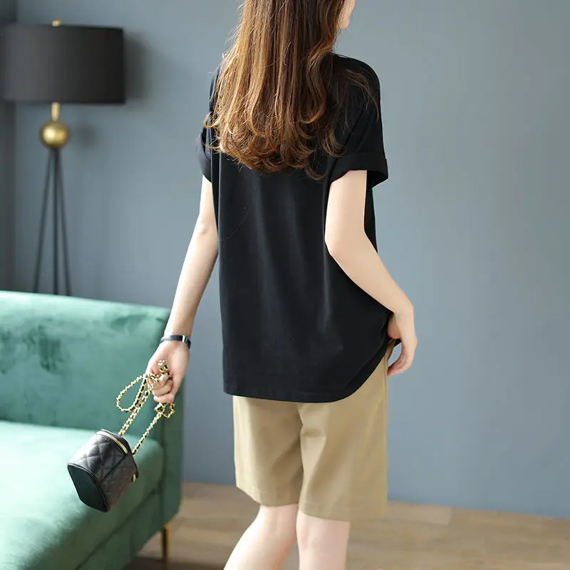 

Cotton 2021 summer new loose and versatile black print T-shirt round neck hot drill short sleeve T-shirt for women