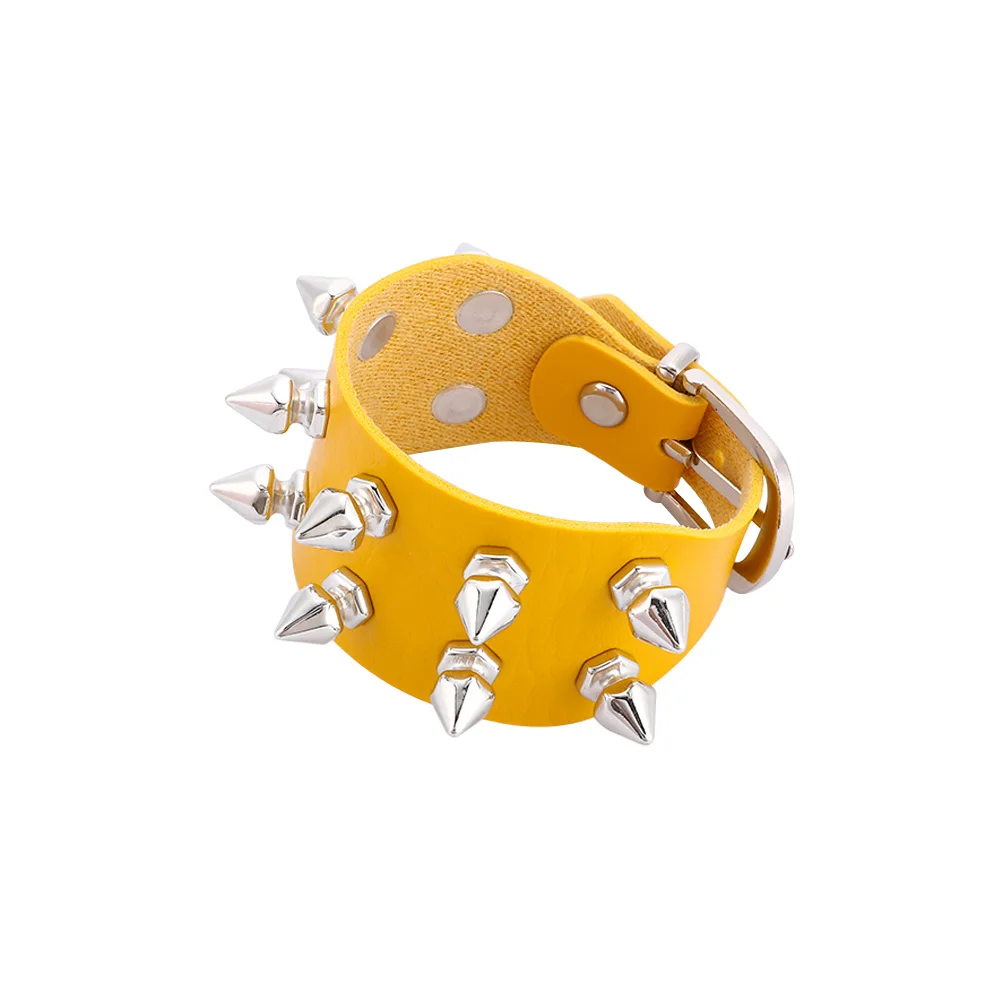 yellow Новинка, унисекс, женский панк черный браслет, серебряный шип, заклепки, конус, черная кожа, манжета, браслет, регулируемый - Окраска металла: yellow