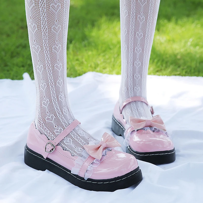 

Rimocy Sweet Bow Buckle Strap Mary Jane Shoes Woman Solid Color Patchwork Lace Low Heel Pumps Women Pink Lolita Shoes Ladies