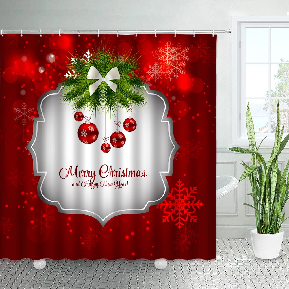 

3D Red Christmas Decor Shower Curtains Rope Ball Snowman Green Pine Branch New Year Xmas Bathroom Polyester Bathtub Bath Curtain