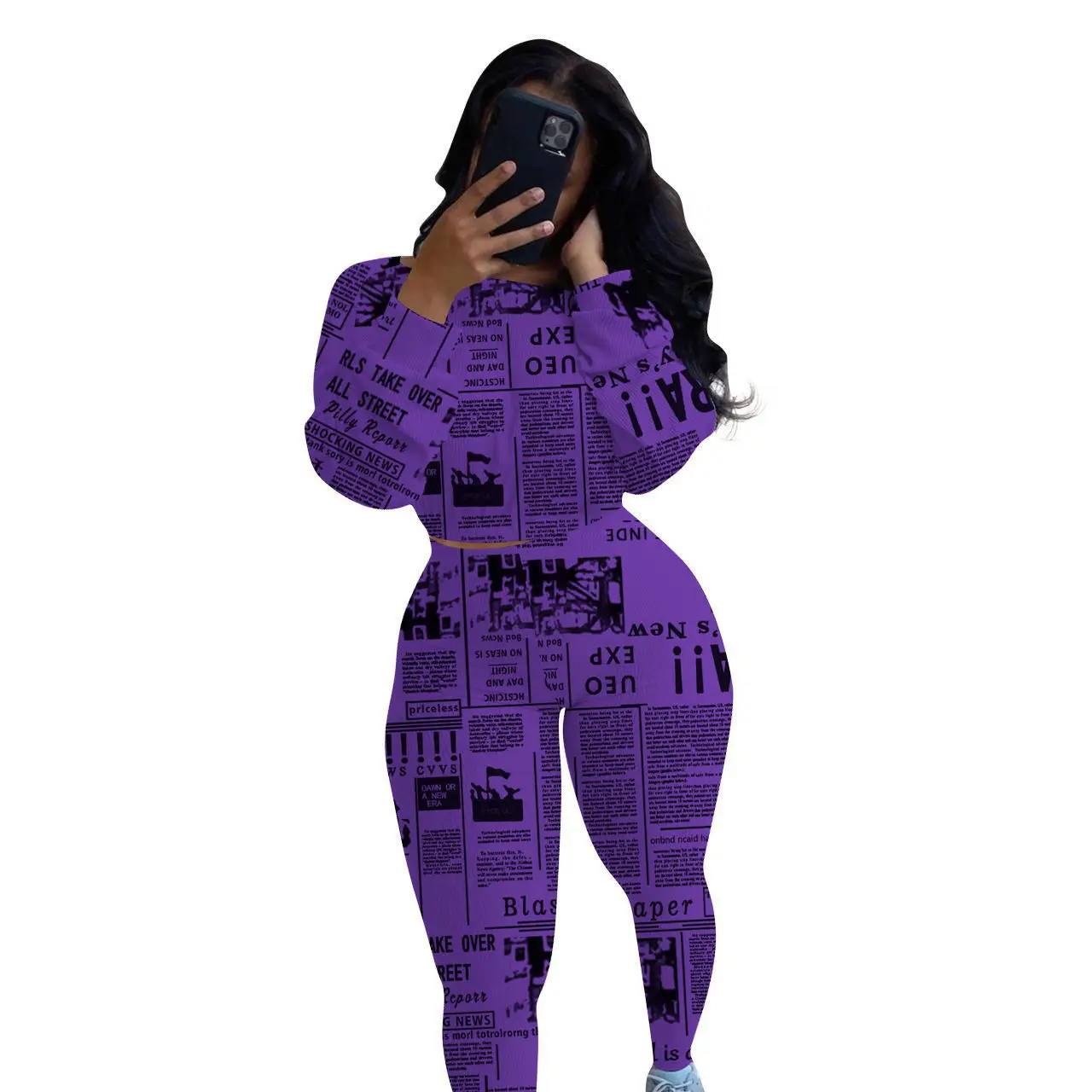 

Women's sweaters New word collar printing newspaper long sleeve two-piece suit