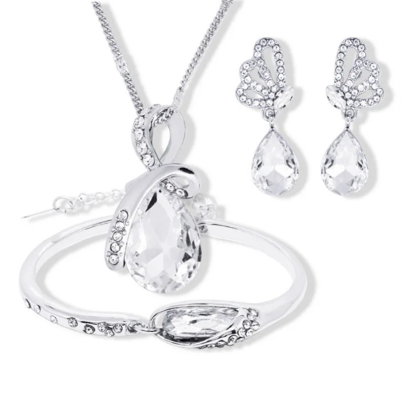 

Austrian Crystal Jewelry Set For Women Pendant Necklace Earrings Bracelet Set Blue CZ Jewelry Wedding Engagement Accessories