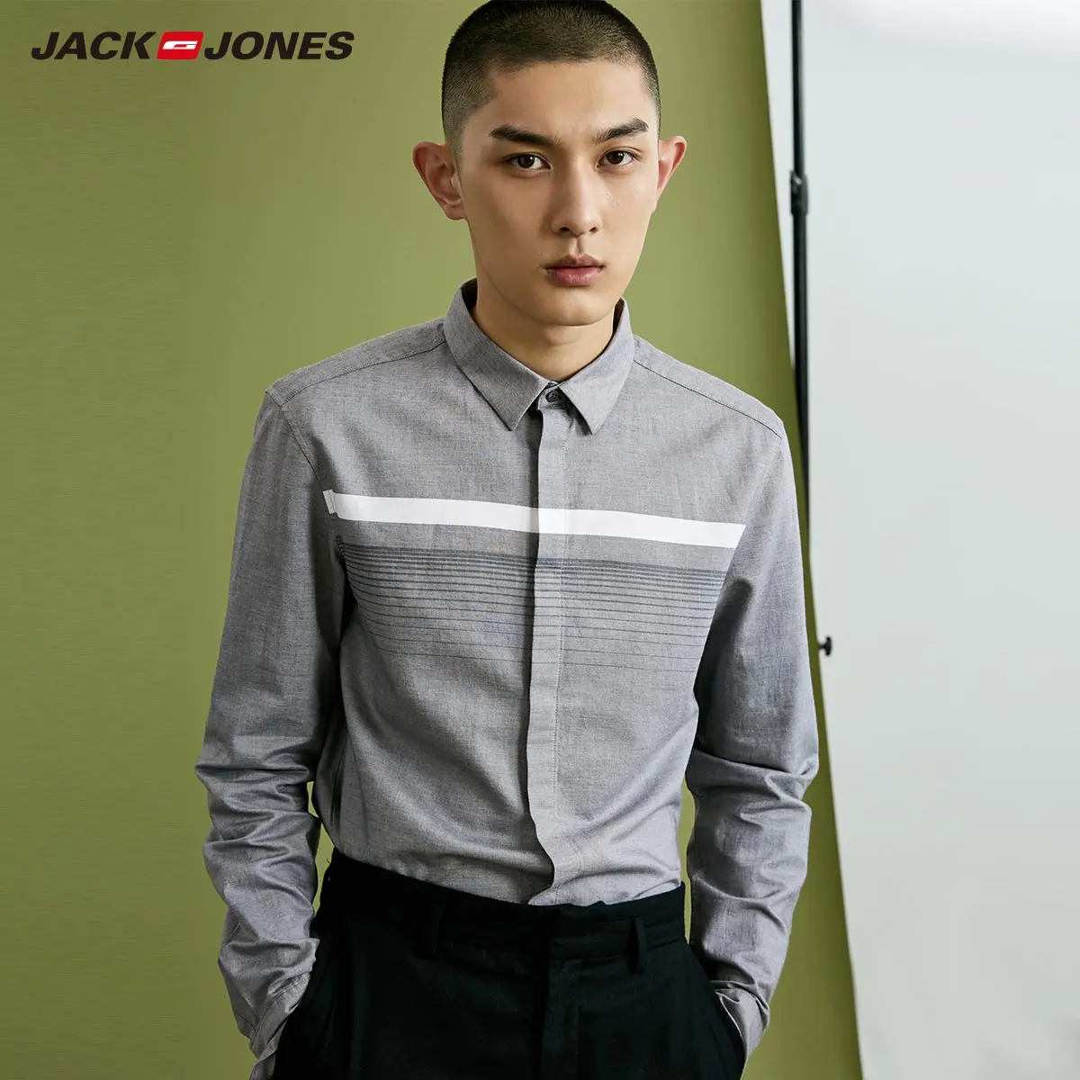 Jack Jones мужская полосатая хлопковая рубашка с длинным рукавом | 218305565 - Цвет: MID GREY MELANGE