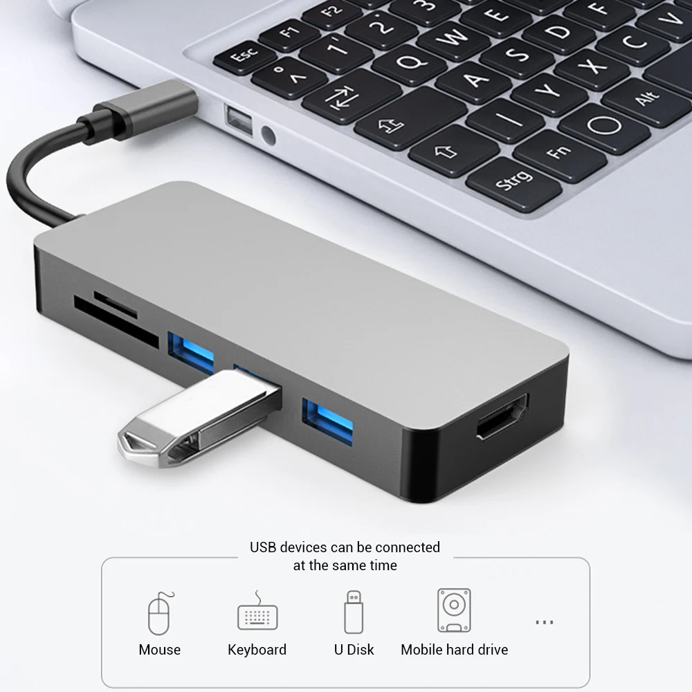 

Разветвитель 7 в 1 из алюминиевого сплава, USB C на USB3.0 4K HDMI, совместимый с PD SD/TF