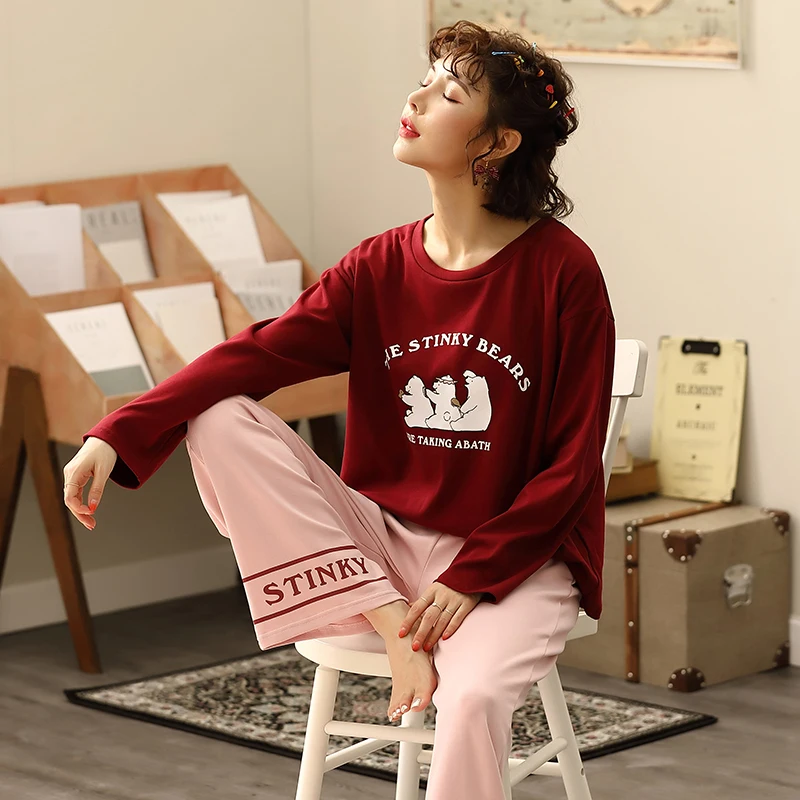 Женский пижамный комплект BZEL Осенний с длинными рукавами и брюками ночная