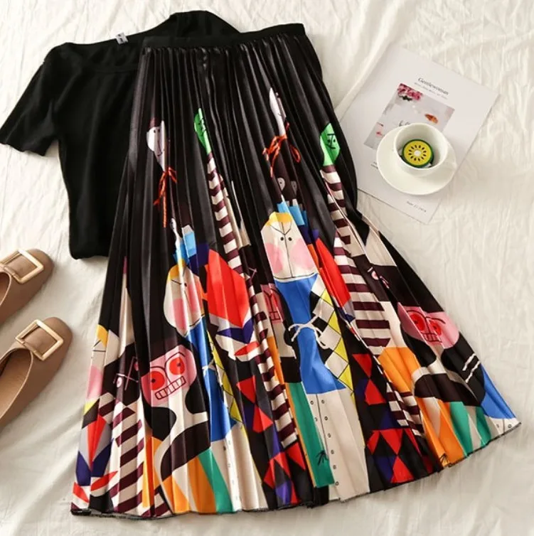 

2021 European and American style new fashion printed loose waist pleated skirt