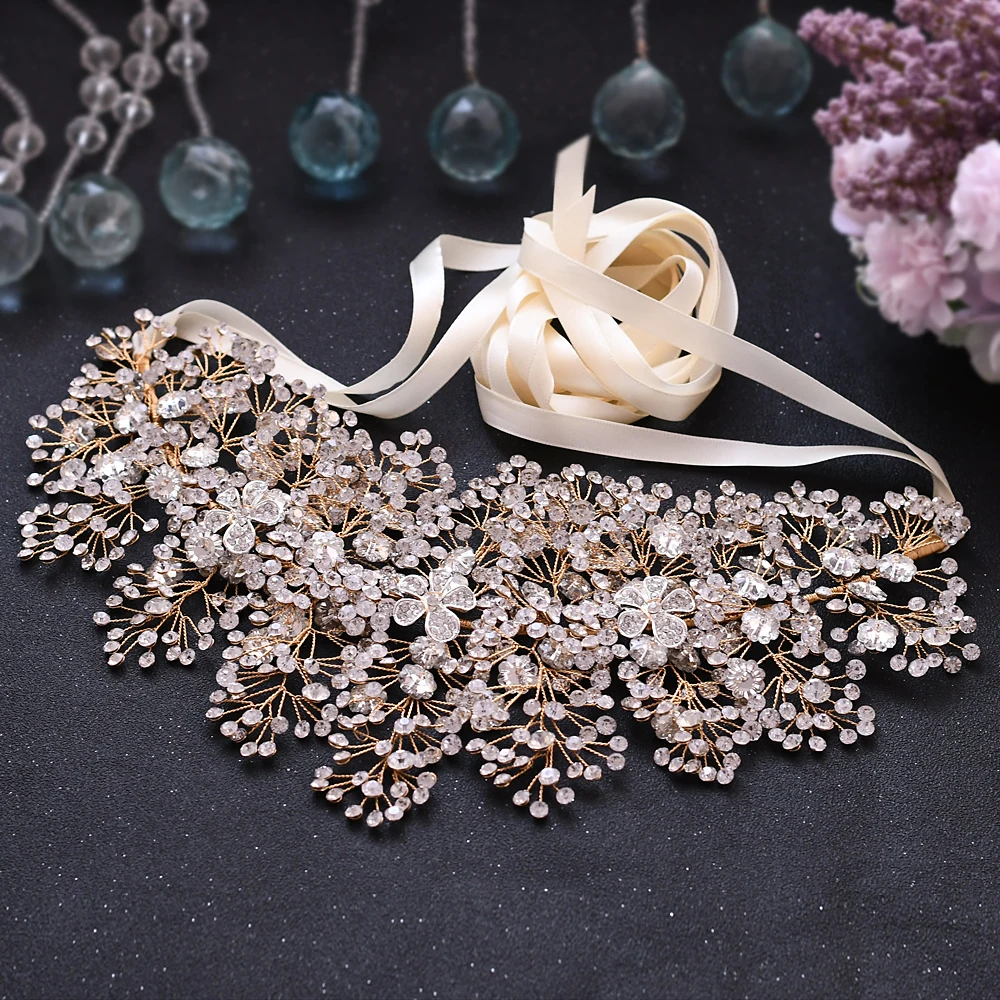 

TRiXY SH240-G Luxury Wedding Dress Belts Golden Diamond Belt Bridesmaid Rhinestone Belt Alloy Flower Belt Prom Dress Belt