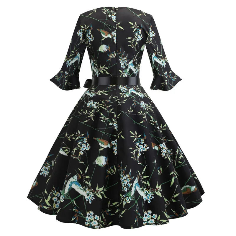 Floral Print Vintage Women Summer Dresses 2021 Robe Pinup Swing Petal Sleeve O-Neck Rockabilly Party Dress A-Line Casual Vestido | Женская