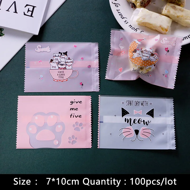 100 шт./лот печенье пластиковая упаковка Подарочный пакет мультяшный котенок с