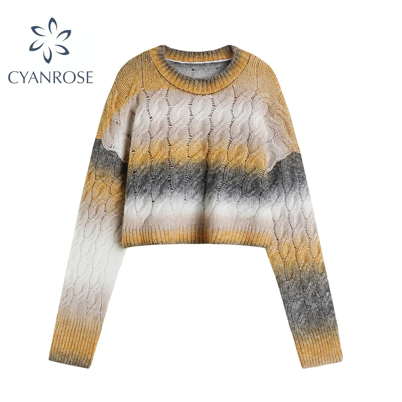 Women New Autumn Gradient Color Contrast Pullover Sweater Long Sleeve O-neck Korean Fashion Casual Loose Lazy Wind Knitwear Top | Женская