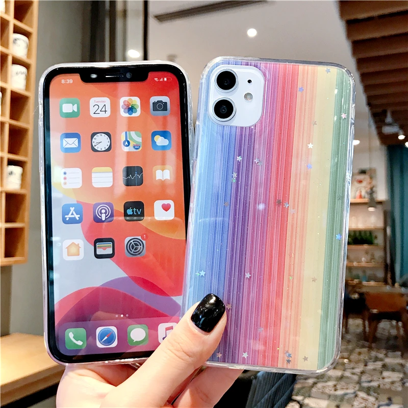 fashion bling star rainbow phone case for iphone 11 pro max x xs xr 7 8 6 6s plus se 2020 glitter soft tpu protective cover free global shipping