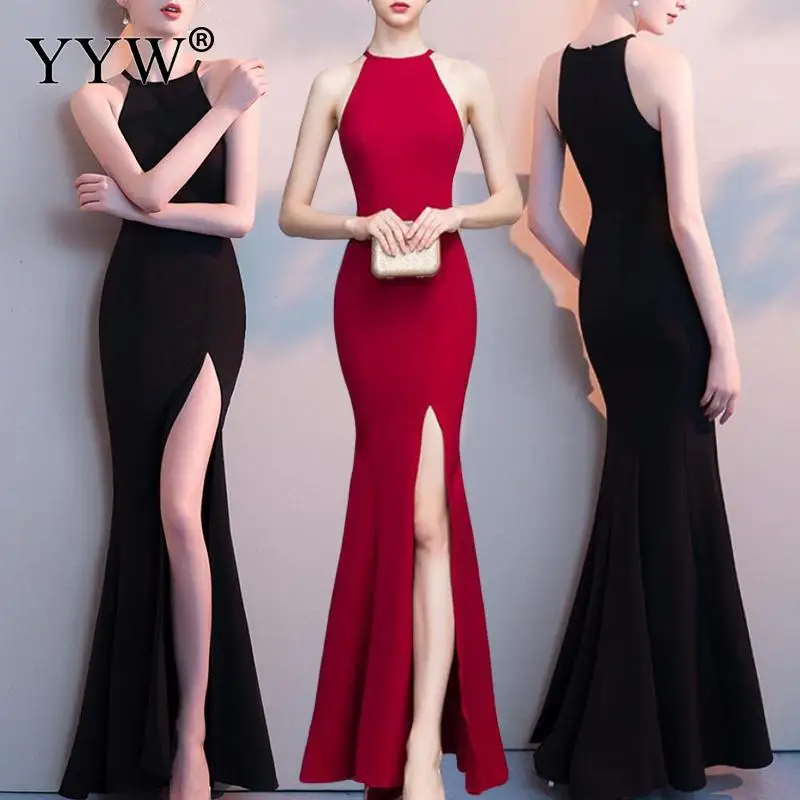 Женское вечернее платье с Боковым Разрезом однотонное черное Элегантное Длинное