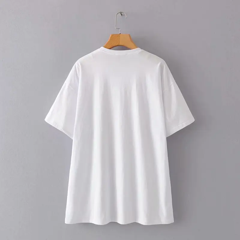 

women dog print white cotton long T shirt short sleeve 2020 summer female boy friend long t-shirt street wear top 2M87