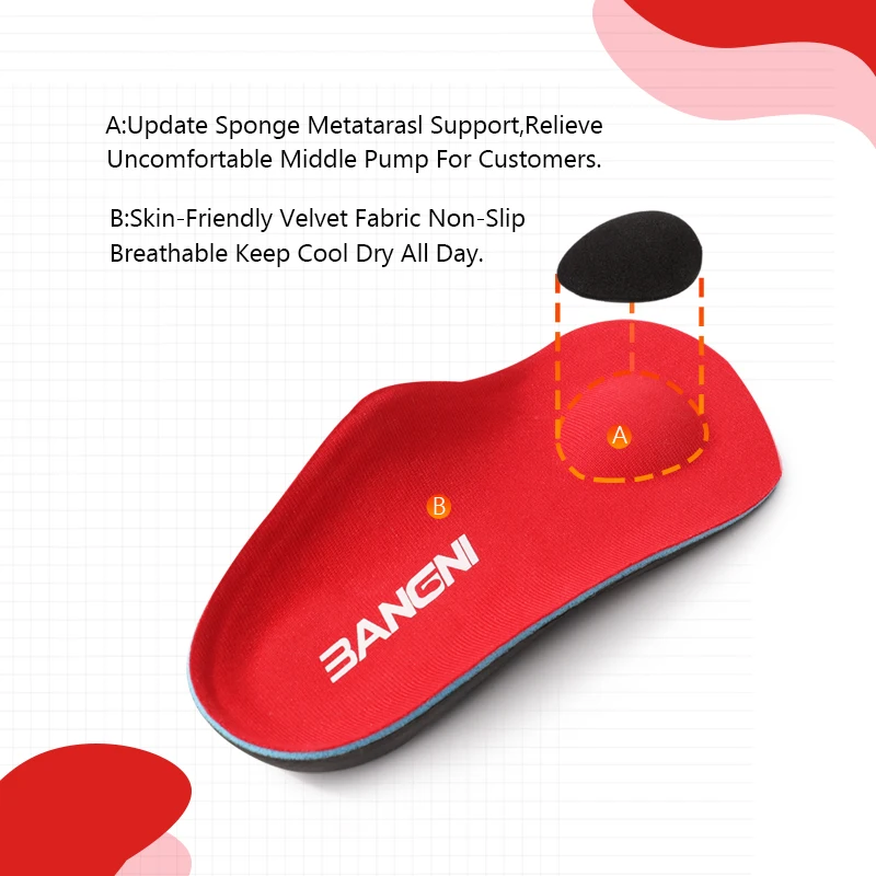 BANGNI 3/4 Half Orthopedic Insole Arch Support Inserts Heel Pain Cushion Plantar Fasciitis Sole Flatfoot Shoe Pads For Men Women