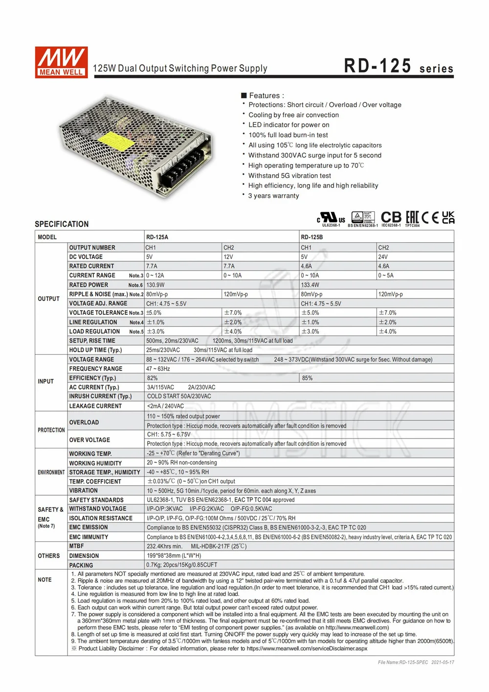 Специальные предложения MEAN WELL RD-125A meanwell RD-125 130 9 Вт Двойной выход импульсный