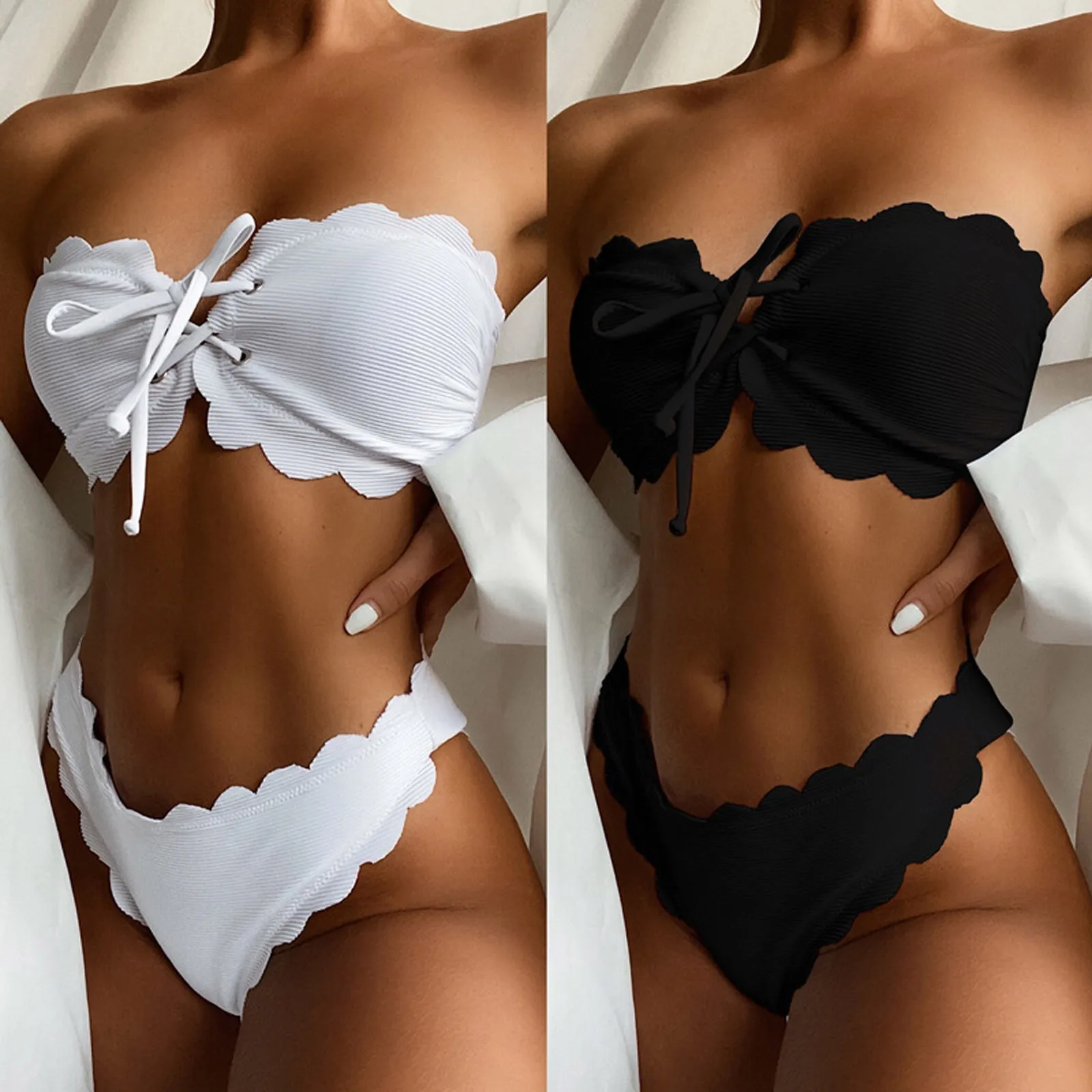 

Woman Sexy Fashion Swimwear Unilateral Women Swimsuit Mini Thong Padded Push-up Bra Bikini Set Swimming Bathing Black White