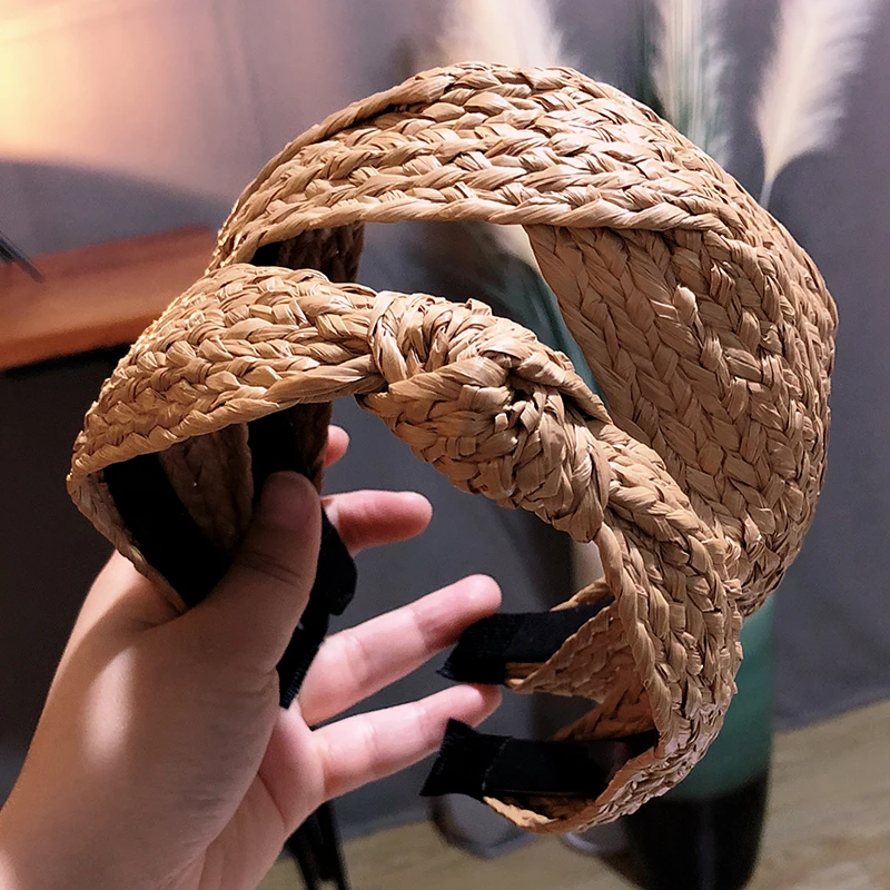 Богемная лента для волос летняя соломенная плетеная повязка на голову с узлом