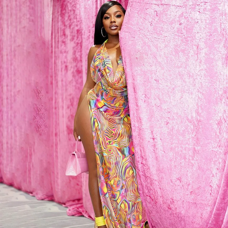 Женское длинное прозрачное платье макси элегантное с лямкой на шее Сетчатое