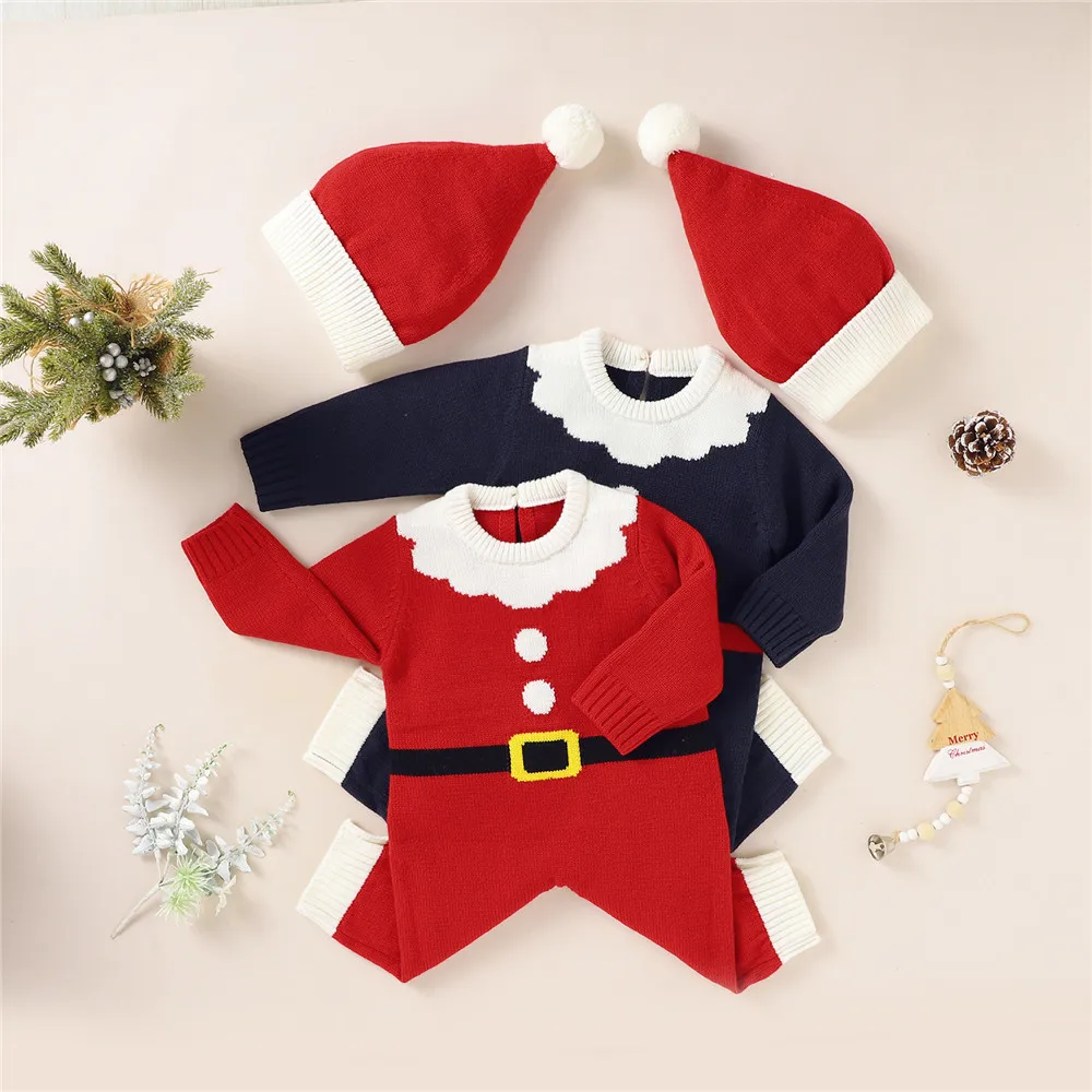 

Santa Claus 2 Pcs Suit Baby Girl Boy Christmas Romper With Hat Newborn Winter Knitted Long Sleeve Xmas Jumpsuit Party