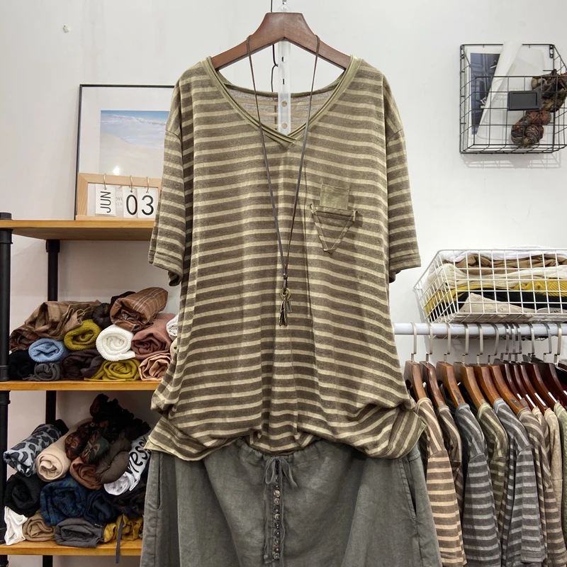 

Vintage Cotton Linen Women T-Shirts Summer V-Neck Pocket Short-Sleeved Loose Casual Female Pulls Outwear Tops Tees