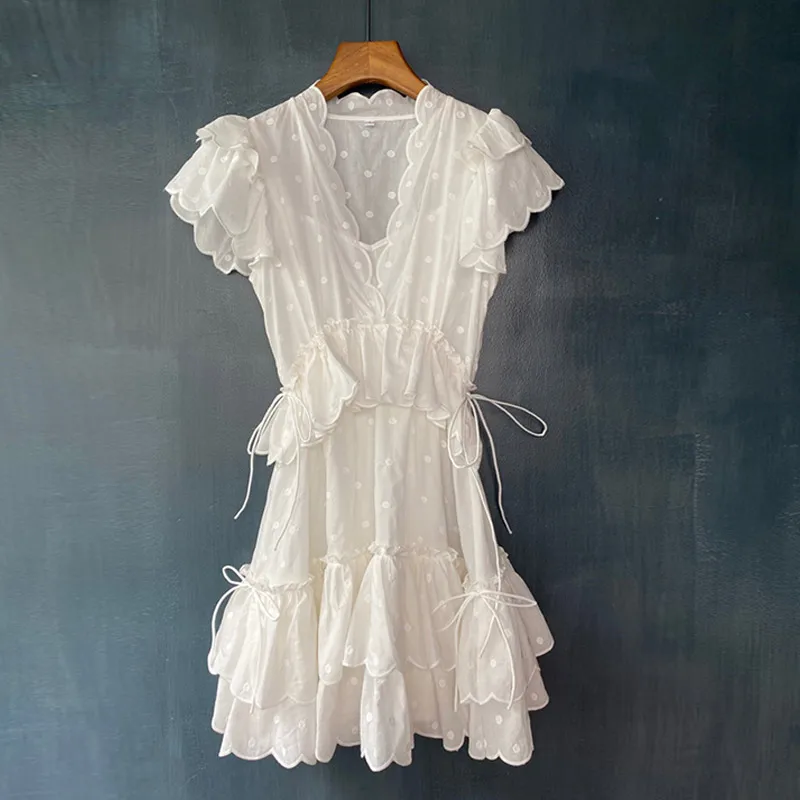 

Novia Party Club Dress 2021 Summer Fashion Style Women V-Neck Polka Dot Print String Deco Short Sleeve Sexy White Dress Mini