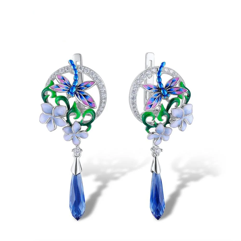 

Elegant Enamel Dragonfly Flower Design Dangle Drops Exquisite Party Earrings Jewelry