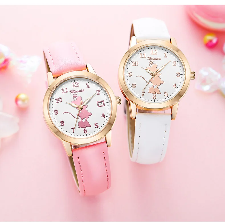 

Girl Pink Pretty Minnie Mouse Watch Beautiful Women Quartz Wristwatch Calendar Mickey Clocks White Ladies Fashion Time Teen Hour