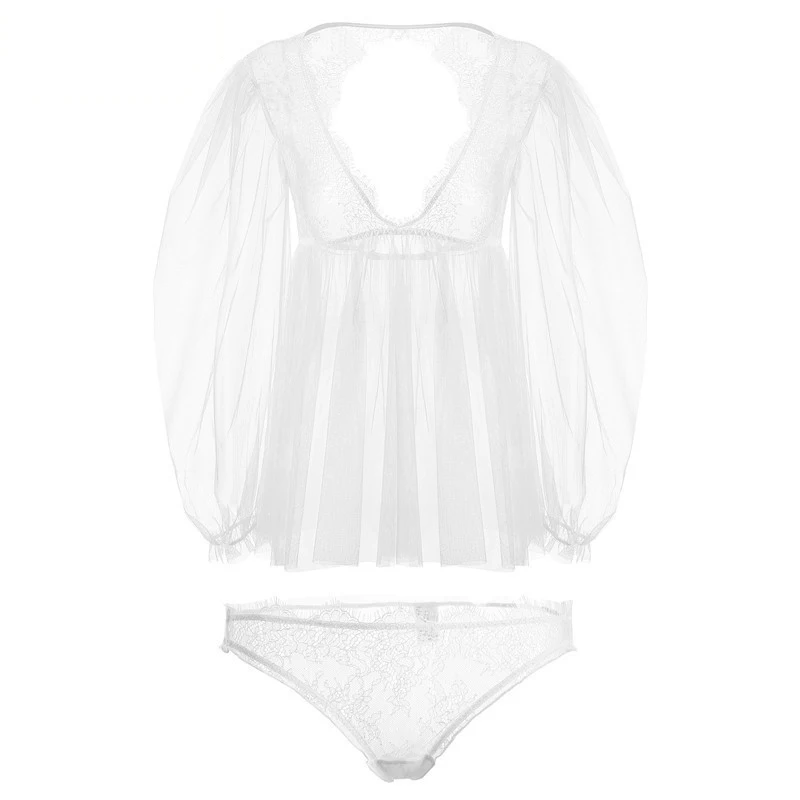 

Hoyyezen French lace halter pajamas female summer sexy princess wind long sleeve slim transparent nightdress set