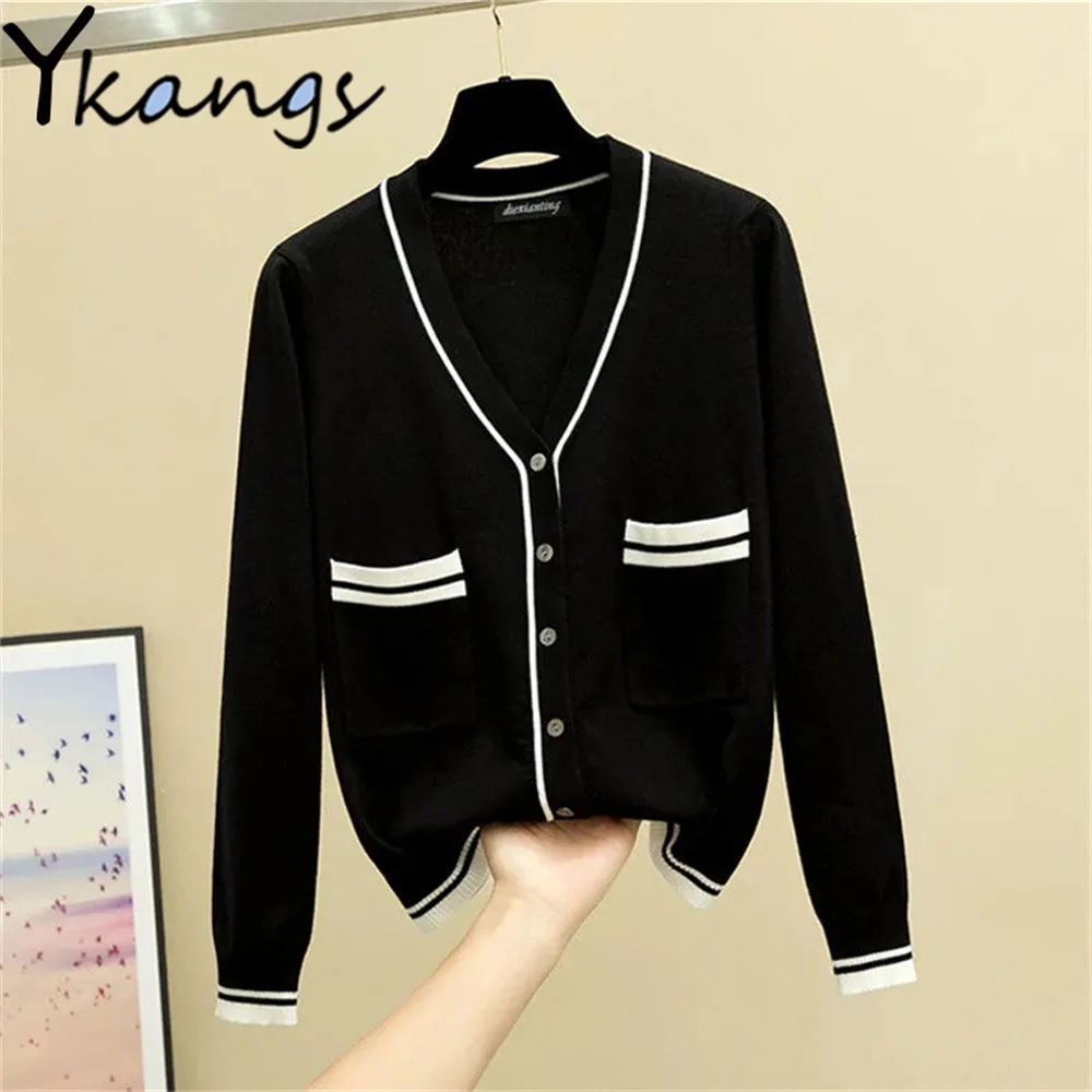 

Корейский элегантный короткий вязаный кардиган, топы, весна-осень модное универсальное пальто с v-образным вырезом, Harajuku, новый женский прос...