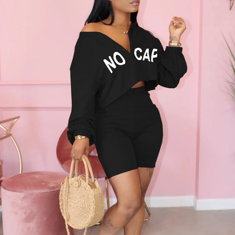 

Fashion Women Letter Print Zipper Long Sleeves Casual Tops Shorts Outfits -OPK