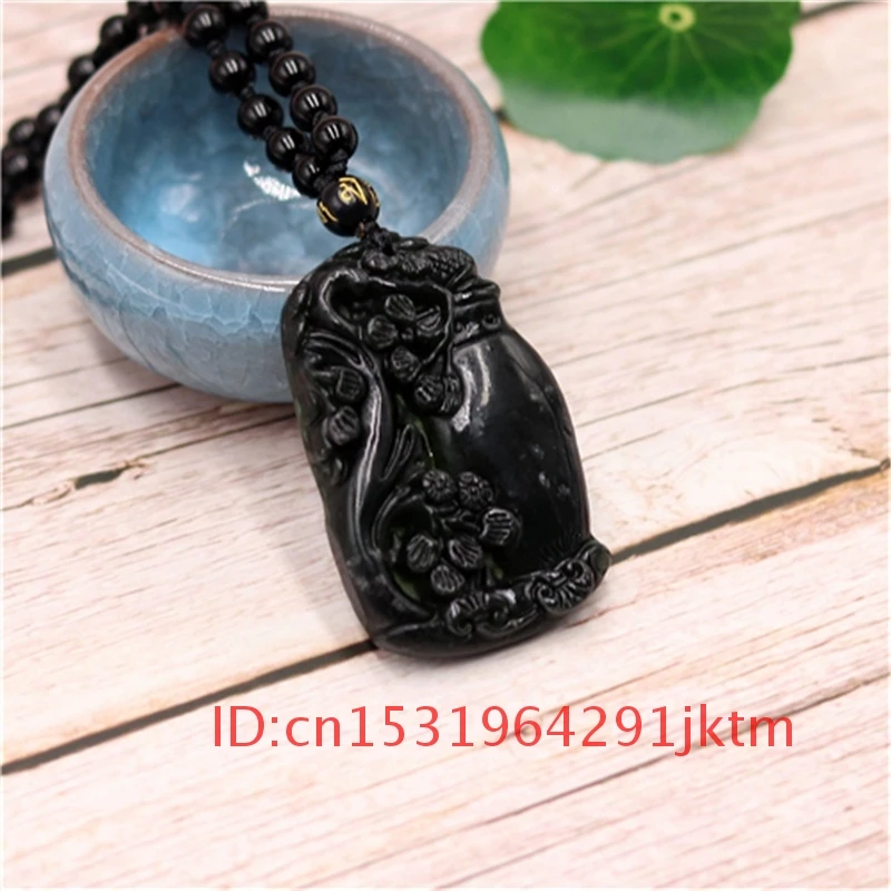 Obsidian Plum Carved Pendant Charm Amulet Vase Green Natural Men Black Jade Blossom Jewelry Gifts Necklace for Chinese | Украшения и